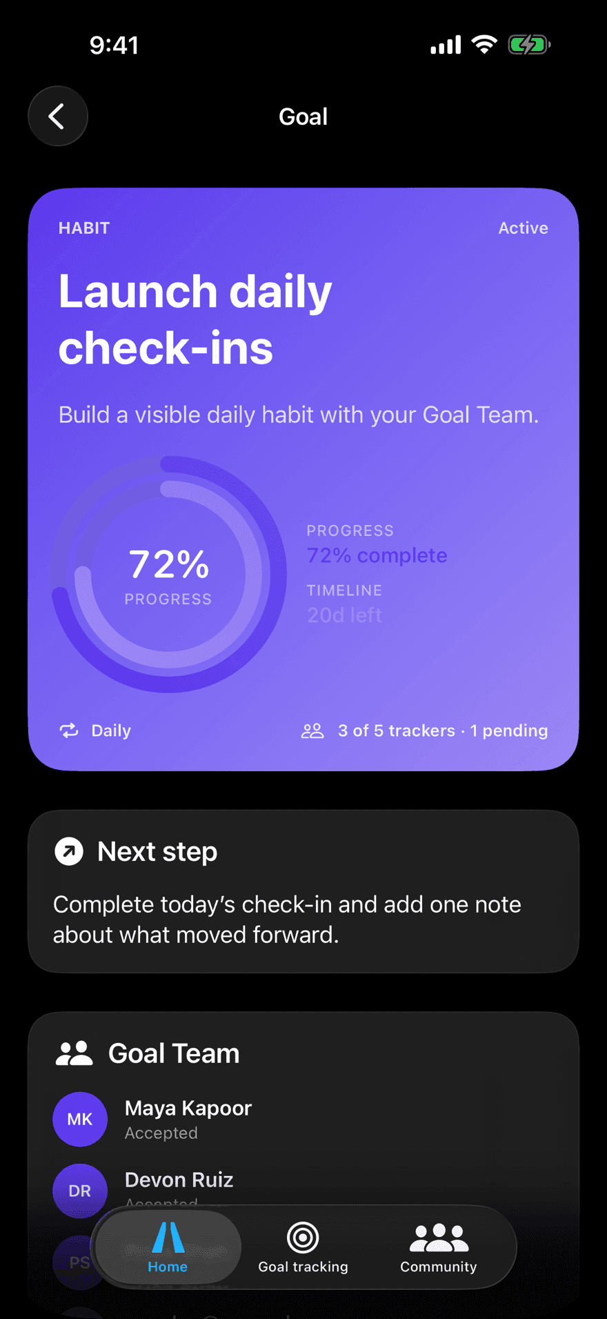 A TRUPATH goal at 72%, with its next milestone due Friday and three completed steps behind it.