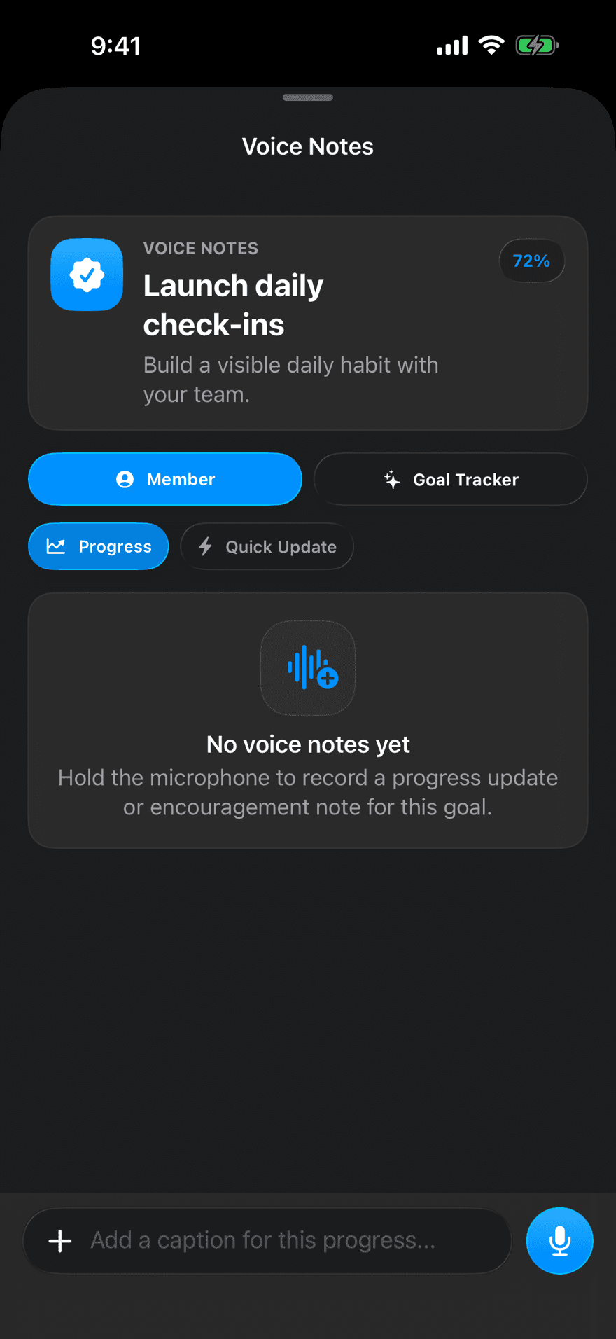 The TRUPATH voice notes screen, recording a spoken progress update against a goal.
